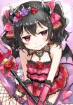  1girl bangs black_hair blush bow bracelet demon_horns demon_tail demon_wings dress earrings elbow_gloves fang fang_out fishnet_legwear fishnets floral_print flower flower_earrings frills garter_straps gloves gmanee hair_bow hair_flower hair_ornament half-closed_eyes highres horns jewelry light_smile looking_at_viewer love_live! love_live!_school_idol_festival love_live!_school_idol_project pink_rose polearm polka_dot polka_dot_bow red_eyes red_rose rose sitting solo tail thigh-highs tiara trident twintails wariza wavy_hair weapon wings yazawa_nico 