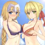  2girls ahoge alternate_costume arm_at_side bare_arms bare_shoulders bikini blonde_hair blue_eyes blush braid breast_hold breast_press breasts clouds cloudy_sky collarbone elfenlied22 eyebrows eyebrows_visible_through_hair fate/apocrypha fate/extra fate/grand_order fate_(series) green_eyes hair_bun headpiece highres large_breasts light_smile long_hair looking_at_viewer midriff multiple_girls navel purple_bikini red_bikini ruler_(fate/apocrypha) saber_extra single_braid sky smile swimsuit symmetrical_docking upper_body 