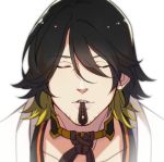  1boy black_hair blonde_hair bowtie choker close-up closed_eyes facial_hair food japanese_clothes male_focus multicolored_hair nagasone_kotetsu parted_lips personification pocky pov samurai10932 simple_background solo touken_ranbu traditional_clothes two-tone_hair white_background 