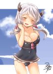  1girl alternate_costume arm_at_side bangs blue_swimsuit blush breasts clouds cloudy_sky collarbone covered_navel cowboy_shot doraf embarrassed frills gluteal_fold granblue_fantasy horns kumuyu kumuyu_(granblue_fantasy) large_breasts long_hair looking_at_viewer low_twintails off_shoulder one-piece_swimsuit open_mouth silver_hair sky solo swept_bangs swimsuit thighs twintails wavy_mouth yellow_eyes yua_(checkmate) 