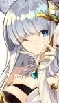  1girl animal_ears bangs bare_shoulders blue_eyes breasts cat_ears close-up elbow_gloves erun_(granblue_fantasy) fingerless_gloves gloves granblue_fantasy hair_ornament korwa large_breasts long_hair looking_at_viewer one_eye_closed quill senmu silver_hair solo upper_body white_gloves 