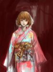  1girl bangs blunt_bangs bow brown_bow brown_eyes brown_hair cowboy_shot highres japanese_clothes kimono long_sleeves looking_at_viewer nyanpe obi original portrait red_background sash short_hair solo standing wide_sleeves 
