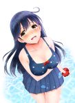  1girl black_hair blue_skirt breast_hold breasts cleavage from_above highres kantai_collection lips long_hair looking_at_viewer looking_up ocean open_mouth polka_dot polka_dot_swimsuit skirt solo swimsuit ushio_(kantai_collection) water weavehabit 