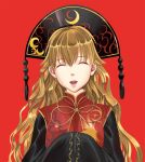  1girl :d ^_^ black_dress blonde_hair chinese_clothes closed_eyes crescent dress hands_in_sleeves hat junko_(touhou) kyuu_umi long_hair long_sleeves looking_at_viewer open_mouth red_background smile solo tabard touhou upper_body wavy_hair wide_sleeves 