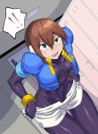  1girl aile blush bodysuit breasts brown_hair female green_eyes indoors jacket lol_(harikofu) rockman rockman_zx shiny shiny_clothes shiny_hair short_hair short_shorts shorts solo spandex surprised sweat tomboy undressing 