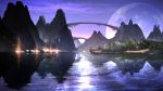  bridge fantasy full_moon highres lake landscape light_particles moon mountain night no_humans original reflection scenery smile_(qd4nsvik) water 