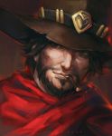 1boy beard brown_eyes brown_hair brown_hat cape cigar cowboy_hat facial_hair hat male_focus mccree_(overwatch) mouth_hold mustache oryuvv overwatch poncho red_cape scar scar_on_cheek short_hair solo upper_body 