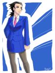  1girl black_hair formal genderswap gyakuten_saiban hair naruhodou_ryuuichi necktie solo suit 