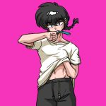  1boy black_eyes black_hair braid looking_at_viewer official_style pink_background ranma_1/2 saotome_ranma shirt_lift simple_background single_braid standing upper_body wantan-orz 
