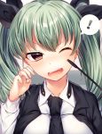  ! 1girl anchovy black_ribbon blush brown_eyes girls_und_panzer green_hair hair_ribbon highres long_hair ntk_(7t5) one_eye_closed open_mouth ribbon solo speech_bubble spoken_exclamation_mark twintails wince 