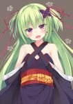  1girl bare_shoulders blush brown_background butterfly_hair_ornament east01_06 green_hair hair_ornament hair_ribbon highres japanese_clothes long_hair looking_at_viewer murasame_(senren) open_mouth red_ribbon ribbon senren_banka solo two_side_up violet_eyes 