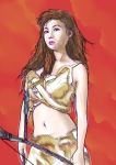  1girl absurdres arrow artist_request bow_(weapon) brown_hair female long_hair midriff navel prehistoric solo weapon 