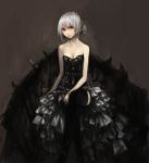  1girl absurdres bare_shoulders black_background black_dress breasts cleavage collarbone dress grey_eyes head_tilt highres layered_dress looking_at_viewer nyanpe original short_hair silver_hair simple_background sitting small_breasts solo strapless strapless_dress white_hair 