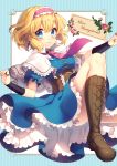  1girl alice_margatroid blonde_hair blue_dress blue_eyes boots brown_background capelet character_name closed_mouth corset cross-laced_footwear dress eyebrows eyebrows_visible_through_hair flower hairband highres knee_boots lace-up_boots looking_at_viewer masaru.jp necktie short_hair smile solo touhou 