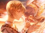  1boy alter_(silent_mute) bird blonde_hair character_request clouds copyright_request jewelry long_hair male_focus necklace red_eyes sunset 