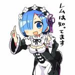  1girl :d blue_eyes blue_hair breasts commentary_request detached_sleeves dress frills hair_ornament hair_over_one_eye index_finger_raised jpeg_artifacts kanikama lowres maid maid_headdress open_hands open_mouth re:zero_kara_hajimeru_isekai_seikatsu rem_(re:zero) ribbon short_hair smile solo translation_request x_hair_ornament 