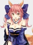  1girl :d animal_ears bare_shoulders blue_bow blush bow breasts cleavage detached_sleeves eyebrows eyebrows_visible_through_hair fate/extra fate_(series) fox_ears fox_tail grey_background hair_bow long_hair looking_at_viewer medium_breasts open_mouth pink_hair sangatsu_saki simple_background smile solo tail tamamo_(fate)_(all) tamamo_no_mae_(fate) twintails v yellow_eyes 
