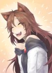  1girl animal_ears bare_shoulders blush brown_hair closed_eyes fangs gradient gradient_background highres imaizumi_kagerou ldl_(bcw1025) long_hair long_sleeves off_shoulder open_mouth solo teeth touhou upper_body wolf_ears 