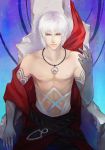 1boy albedo_piazzolla albino bare_shoulders belt closed_mouth collarbone elbow_gloves gloves kamemushi looking_at_viewer male_focus necklace sitting smile solo violet_eyes white_hair xeno_(series) xenosaga 
