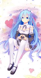  1girl absurdres alternate_hair_length alternate_hairstyle blue_eyes blue_hair detached_sleeves hair_ornament highres jyt long_hair maid maid_headdress mary_janes re:zero_kara_hajimeru_isekai_seikatsu rem_(re:zero) ribbon shoes solo thigh-highs white_legwear x_hair_ornament 