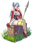  1girl blue_hair breasts cleavage detached_sleeves green_eyes highres looking_at_viewer maid_headdress masao original polearm sandals sitting solo spear thigh-highs toeless_legwear toeless_socks toes weapon yellow_legwear 