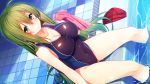  1girl aristear_remain astronauts astronauts_comet bare_arms bare_legs bare_shoulders blush breasts cleavage covered_navel dutch_angle eyebrows eyebrows_visible_through_hair game_cg green_eyes green_hair highres holding ichinose_anzu kokusan_moyashi large_breasts legs long_hair looking_at_viewer matching_hair/eyes mound_of_venus pool rozea sitting smile solo swimsuit thighs towel water wet 