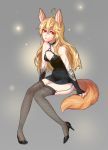  1girl animal_ears artist_request bare_shoulders black_dress black_legwear blonde_hair breasts collar dog_ears dress elbow_gloves elin_(tera) fishnet_legwear fishnets garter_straps gloves high_heels highres knees_together_feet_apart long_hair open_mouth red_eyes shoes short_dress small_breasts solo tail tera_online thigh-highs 
