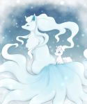  10s alolan_ninetales alolan_vulpix blue_eyes fox fox_ears fox_tail gradient gradient_background monochrome multiple_tails ninetales no_humans pokemon pokemon_sm snow tail vulpix watermark 