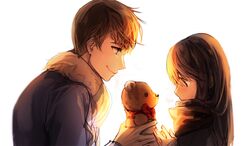  1boy 1girl alter_(silent_mute) blue_eyes blush brown_hair character_request copyright_request long_hair scarf short_hair stuffed_animal stuffed_toy teddy_bear 