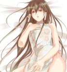  1boy androgynous bare_arms bare_legs bare_shoulders bed blush brown_eyes brown_hair china_dress collared_dress cowboy_shot crossdressinging dress floral_print flower fuuchouin_kazuki getbackers hair_ornament hair_tubes hand_on_own_chest jingle_bell legs_apart long_hair looking_at_viewer lying male_focus papillon10 parted_lips ribbon rose side_slit sleeveless sleeveless_dress solo traditional_clothes trap very_long_hair 