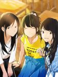  3girls :d black_eyes black_hair bracelet chair closed_eyes clothes_writing indoors jewelry leaning_forward loundraw multiple_girls open_mouth ponytail shirt smile t-shirt table 