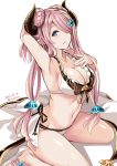  1girl alternate_costume alternate_hairstyle arm_up armpits bikini blue_eyes braid breasts cleavage dated doraf frilled_bikini frills front-tie_top granblue_fantasy hair_ornament hair_over_one_eye hairclip highres horns large_breasts long_hair looking_at_viewer nabeshima_tetsuhiro narumeia_(granblue_fantasy) navel parted_lips pink_hair pointy_ears sandals shadow sideboob simple_background sitting solo swimsuit twitter_username wariza white_background white_bikini 
