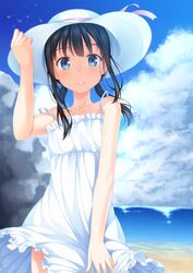  1girl bare_shoulders beach black_hair blue_eyes dress hat highres long_hair low_twintails original outdoors parted_lips sleeveless smile solo sun_hat sundress twintails white_dress yuuri_nayuta 