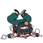  1boy arched_back black_hair braid chibi closed_eyes flat_color full_body legs_up on_floor ranma_1/2 saotome_ranma simple_background single_braid sleeveless solo tangzhuang tongue tongue_out wantan-orz white_background 