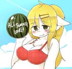  1girl artist_request beach_ball bikini blonde_hair breasts female furry gradient gradient_background green_eyes long_hair outdoors ponytail sheep sky solo summer swimsuit upper_body 