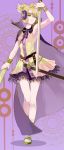  1girl armpits bare_legs cape dress earmuffs full_body ritual_baton scabbard sheath short_dress smile solo sword touhou toyosatomimi_no_miko weapon zukkin 