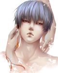  1boy blue_hair collarbone eyeshadow facial_mark goko163 hakutaku_(hoozuki_no_reitetsu) half-closed_eyes hands hoozuki_no_reitetsu jewelry makeup male_focus open_mouth simple_background single_earring solo_focus upper_body violet_eyes white_background 