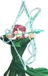  1boy aiming arrow bow earrings gakuran galchee hierophant_green jewelry jojo_no_kimyou_na_bouken kakyouin_noriaki male_focus pink_hair school_uniform solo stand_(jojo) violet_eyes 