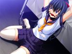  1girl arms_up ball_gag bdsm bed black_hair black_skirt blush bondage chains cuffs gag gagged hair_ribbon himitsu_inkou_chika_club long_hair pleated_skirt ponytail sakura_romako school_uniform serafuku short_sleeves sitting skirt slave solo spread_legs tears thigh-highs undermoon_(company) violet_eyes white_legwear white_thighhighs yakushiji_hinata zettai_ryouiki 