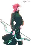  1boy arrow backlighting bow earrings from_side gakuran galchee hierophant_green jewelry jojo_no_kimyou_na_bouken kakyouin_noriaki male_focus pink_hair profile school_uniform solo stand_(jojo) twitter_username 