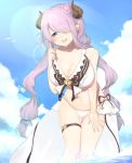  1girl absurdres bikini blue_eyes braid breasts cleavage cow_girl cow_horns curvy female granblue_fantasy hair_ornament hair_over_one_eye hairclip horns kino_(artist) large_breasts leaning_forward lock long_hair long_skirt looking_at_viewer narumeia_(granblue_fantasy) navel ocean open_mouth open_skirt outdoors pointy_ears purple_hair skirt sky smile solo standing summer sunburst swimsuit thigh_gap white_bikini white_swimsuit 