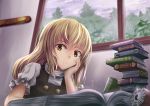  1girl backlighting black_vest blonde_hair blurry book book_stack clouds cloudy_sky depth_of_field desk expressionless forest hand_on_own_cheek indoors kirisame_marisa long_hair mini-hakkero nature ookashippo open_book rain shirt short_sleeves sky solo touhou tree turtleneck white_shirt window windowsill yellow_eyes 