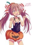  1girl bangs bare_arms bare_shoulders blush breasts brown_eyes brown_hair collarbone cowboy_shot dark_skin eyebrows eyebrows_visible_through_hair highres hizaka kantai_collection libeccio_(kantai_collection) long_hair open_mouth pumpkin_hat pumpkin_pants sidelocks simple_background sleeveless small_breasts smile solo standing striped twintails twitter_username white_background 
