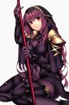  1girl beeyan blush bodysuit breasts fate/grand_order fate_(series) gae_bolg highres large_breasts long_hair looking_at_viewer pauldrons polearm purple_hair red_eyes scathach_(fate/grand_order) sitting smile solo spear veil weapon 