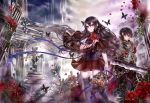  1boy 1girl armor birdcage black_legwear brown_hair brown_skirt butterfly cage chains column cross earrings flower greaves haruci jewelry long_hair looking_at_viewer original outdoors parted_lips pillar red_eyes ribbon rose ruins skirt standing sword thigh-highs violet_eyes weapon 