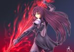  &gt;:( 1girl 210ten aura bodysuit breasts cowboy_shot dated fate/grand_order fate_(series) gae_bolg hair_intakes holding holding_weapon large_breasts long_hair looking_at_viewer pauldrons polearm purple_hair red_eyes scathach_(fate/grand_order) signature solo spear very_long_hair weapon 