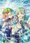  1girl blue_eyes blue_skirt breasts detached_sleeves electricity frog frog_hair_ornament green_hair hair_ornament holding kochiya_sanae long_hair long_tongue medium_breasts necktie oonusa open_mouth outstretched_arm shoelaces shoes skirt smile snake_hair_ornament solo tongue touhou zounose 