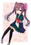  1girl alternate_hairstyle black_legwear brown_hair crescent crescent_moon_pin floral_background green_skirt jacket kantai_collection kisaragi_(kantai_collection) long_hair looking_at_viewer nagasioo open_mouth remodel_(kantai_collection) school_uniform serafuku shoes skirt sleeves_past_wrists thigh-highs twintails uwabaki violet_eyes 