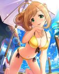  1girl ahoge alternate_hairstyle artist_request beach_umbrella bikini blonde_hair breasts cleavage front-tie_top green_eyes hair_ornament idolmaster idolmaster_cinderella_girls jewelry jpeg_artifacts lens_flare light_brown_hair midriff navel necklace official_art palm_tree pendant pier satou_shin side-tie_bikini smile solo sparkle swimsuit tree umbrella water 