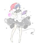 1girl blue_eyes blue_hair book breasts doremy_sweet dress female flat_color full_body hat holding holding_book nightcap no_shoes pom_pom_(clothes) raptor7 simple_background skirt smile solo tail tapir_tail touhou white_background 
